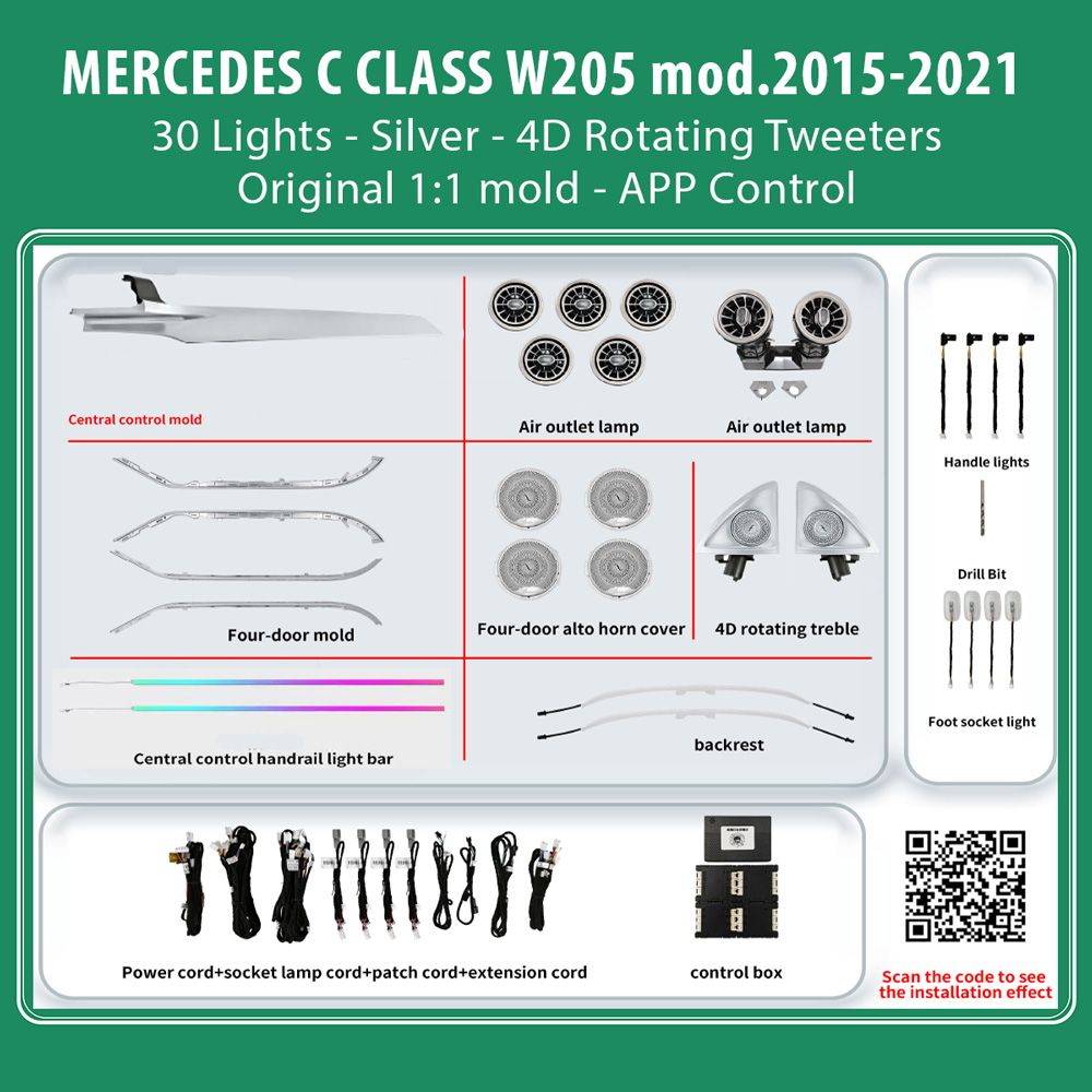 MERCEDES_C_W205_2015-21_Ambient_30_Light_Silver__01 DIQ AMBIENT MERCEDES C BC10D7 (Digital iQ Ambient Light for Mercedes C (W205) mod. 2015-2021 with 30 Lights, Silver) - Image 1