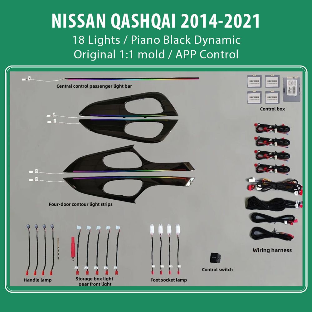 Nissan_Qashqai_2014-21_PB_18lights_DYN_01 DIQ AMBIENT NISSAN QASHQAI II (PB) DYN (Digital iQ Ambient Light for NISSAN QASHQAI mod. 2014-2021 with 18 Lights) PIANO BLACK DYNAMIC - Image 1